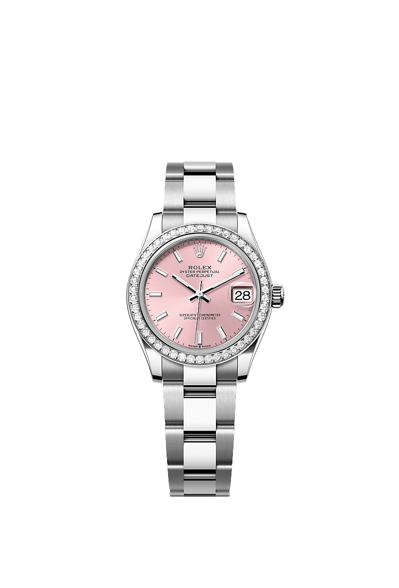 Datejust 31, Oyster, 31 mm, aço Oystersteel, ouro branco e diamantes, Mostrador : Rosa, Rolex