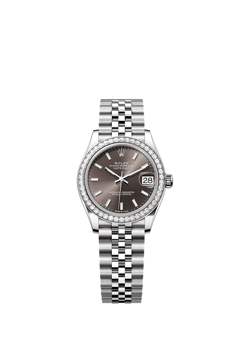 Datejust 31, Oyster, 31 mm, acier Oystersteel, or gris et diamants, Cadran : <i>Dark grey</i>, Rolex