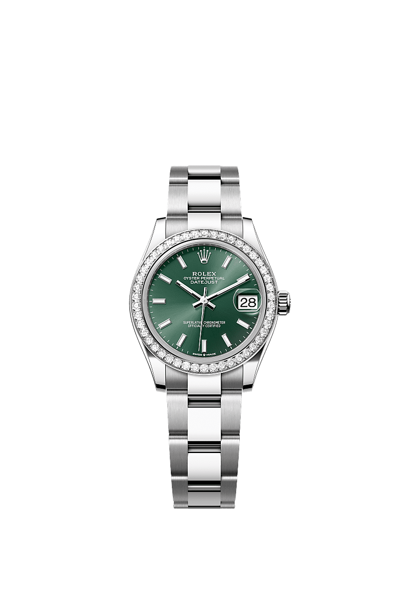 Datejust 31, Oyster, 31 mm, Oystersteel, emas putih dan berlian, Permukaan : Hijau pudina, Rolex
