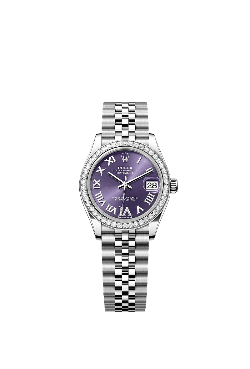 Datejust 31, Oyster, 31 mm, acero Oystersteel, oro blanco y diamantes, Esfera : «Aubergine» engastada de diamantes, Rolex