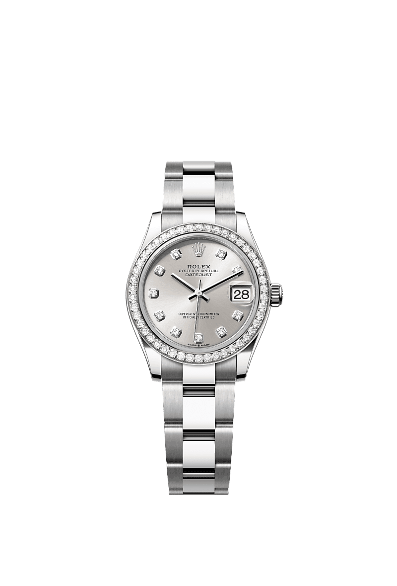 Datejust 31, Oyster, 31 mm, Oystersteel, emas putih dan berlian, Permukaan : Perak dipasangkan dengan berlian, Rolex