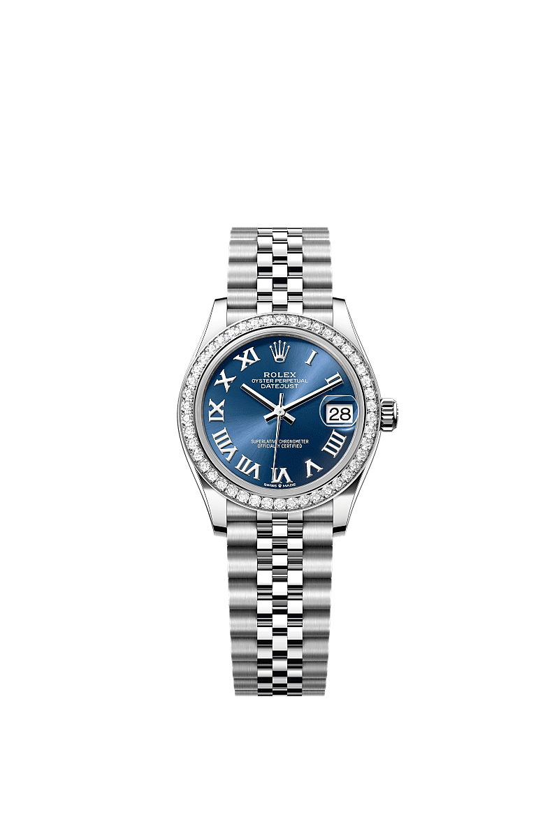 Datejust 31, Oyster, 31 mm, acier Oystersteel, or gris et diamants, Cadran : Bleu vif, Rolex