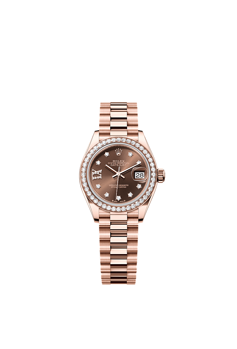 Lady-Datejust, Oyster, 28 mm, vàng Everose và kim cương, Mặt đồng hồ : Màu sô-cô-la, nạm kim cương, Rolex