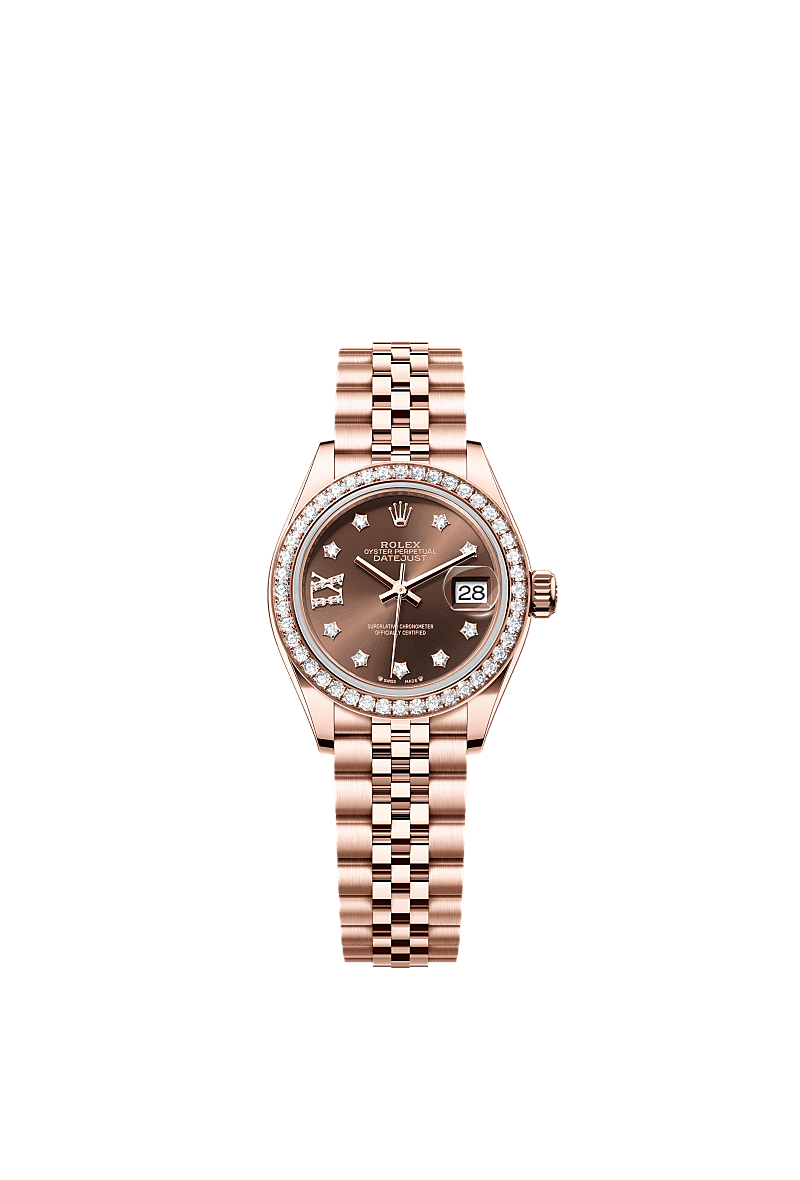 Lady-Datejust, Oyster, 28 mm, Everose gold and diamonds, Dial : Chocolate set with diamonds, Rolex