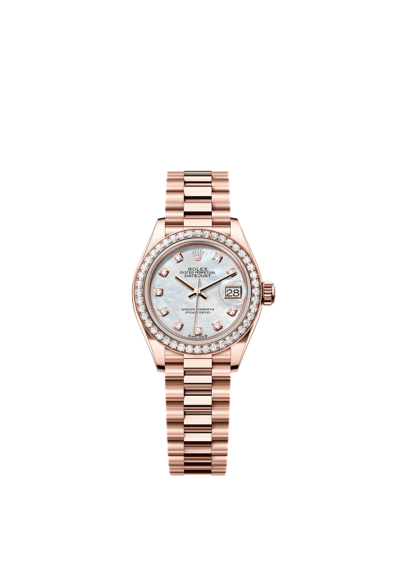 Lady-Datejust, Oyster, 28 mm, emas Everose dan berlian, Dial : Tampilan lapisan kerang mutiara putih dengan berlian, Rolex