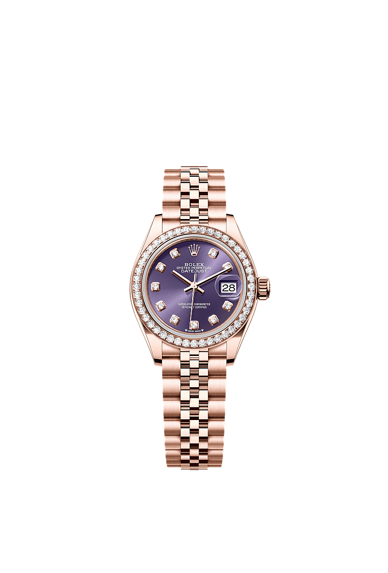 Lady-Datejust, Oyster, 28 mm, Everose gold and diamonds, Dial : Aubergine set with diamonds, Rolex