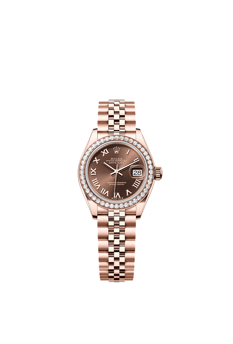 Lady-Datejust, Oyster, 28 mm, oro Everose y diamantes, Esfera : Chocolate, Rolex