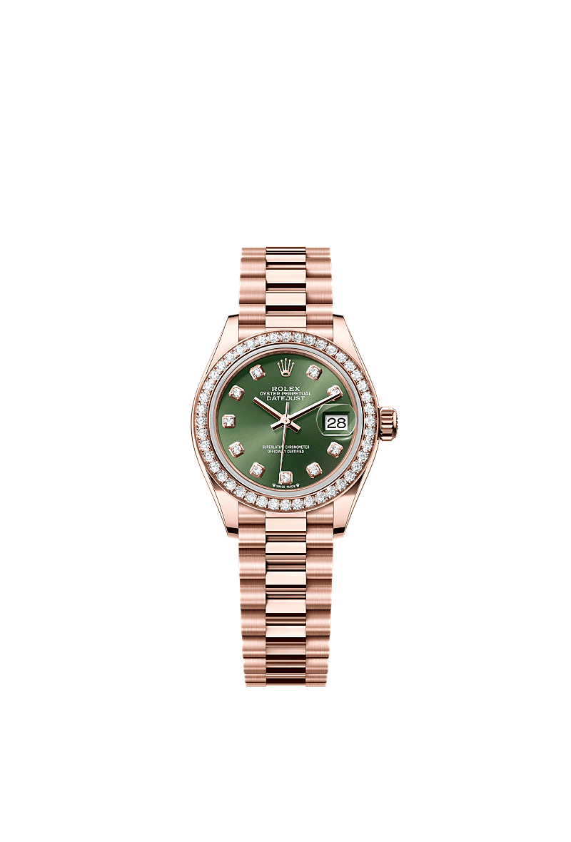 レディ デイトジャスト, オイスター、28 mm、エバーローズゴールド、ダイヤモンド, ダイアル : ダイヤモンド入りオリーブグリーン, Rolex