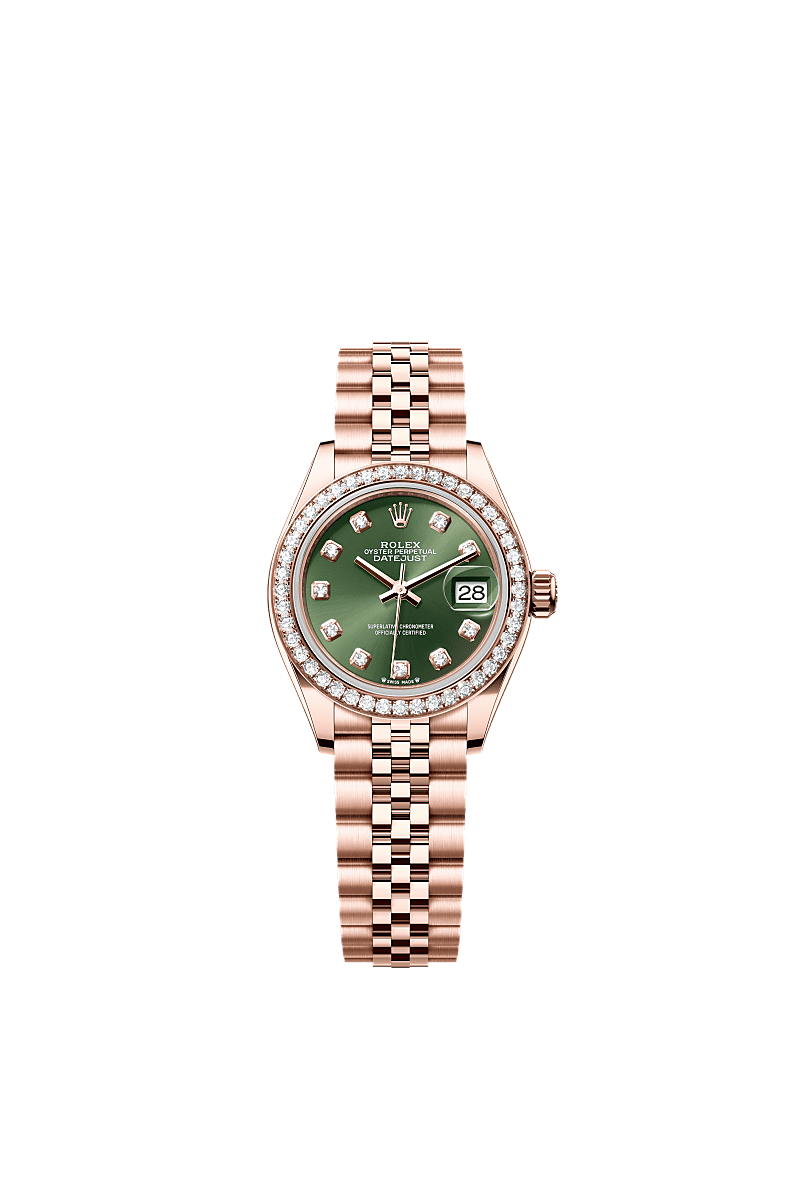 Lady-Datejust, Oyster, 28 mm, Everose-goud en diamanten, Wijzerplaat : Olijfgroen bezet met diamanten, Rolex