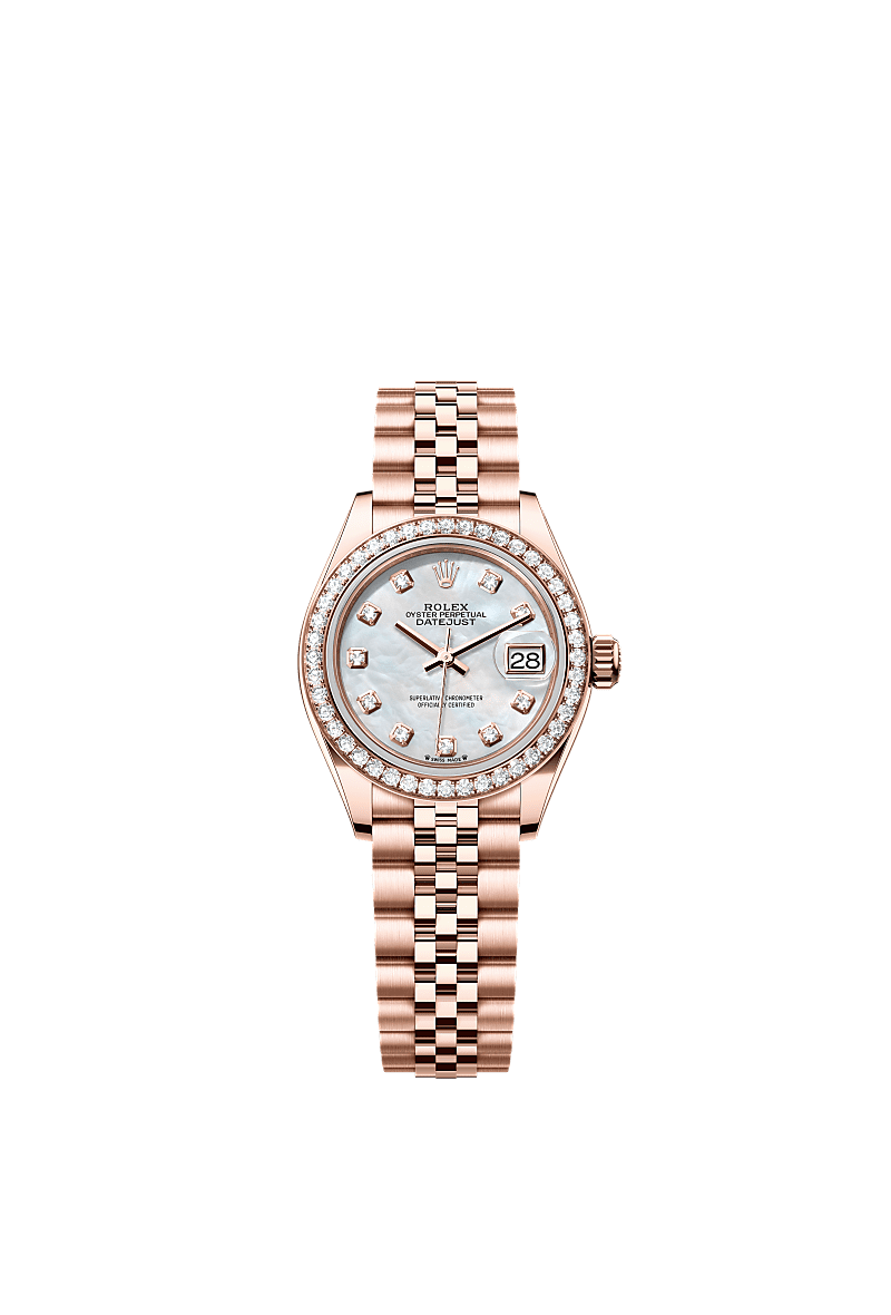 लेडी-डेटजस्ट, ऑयस्टर, 28 मिमी, एवरोज़ गोल्ड और डायमंड्स, डायल : डायमंड्स से जड़ित व्हाइट मदर-ऑफ़-पर्ल, Rolex