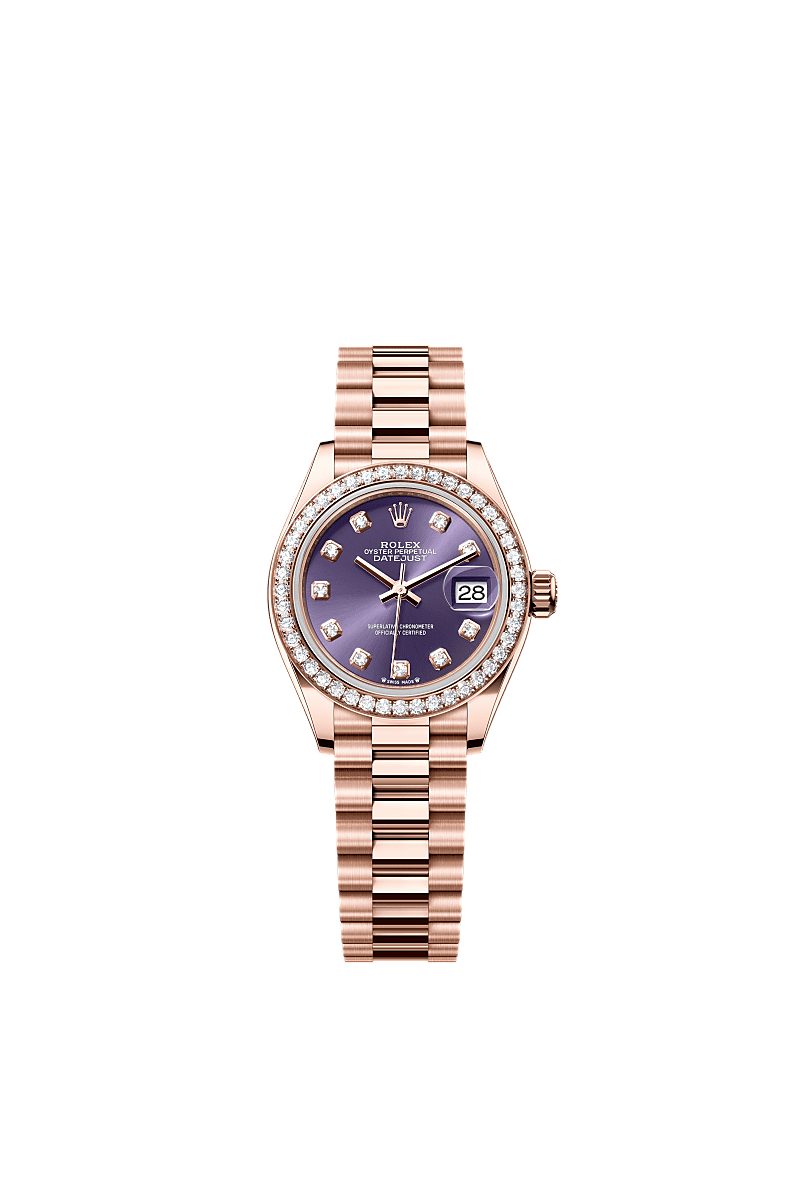 Lady-Datejust, Oyster, 28 mm, vàng Everose và kim cương, Mặt đồng hồ : Bộ Aubergine nạm kim cương, Rolex