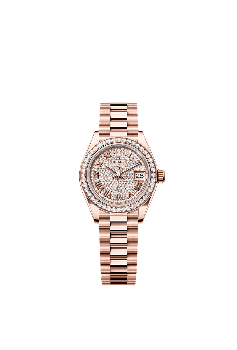 Lady-Datejust, Oyster, 28 мм, золото Everose и бриллианты, Циферблат : Бриллиантовое «паве», Rolex