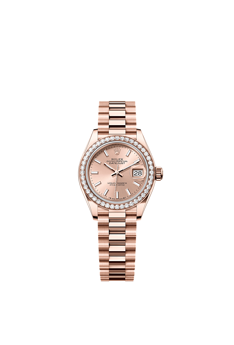 Lady-Datejust, 蠔式,28毫米,鑽石及永恒玫瑰金, 錶面 : 玫瑰金色, Rolex