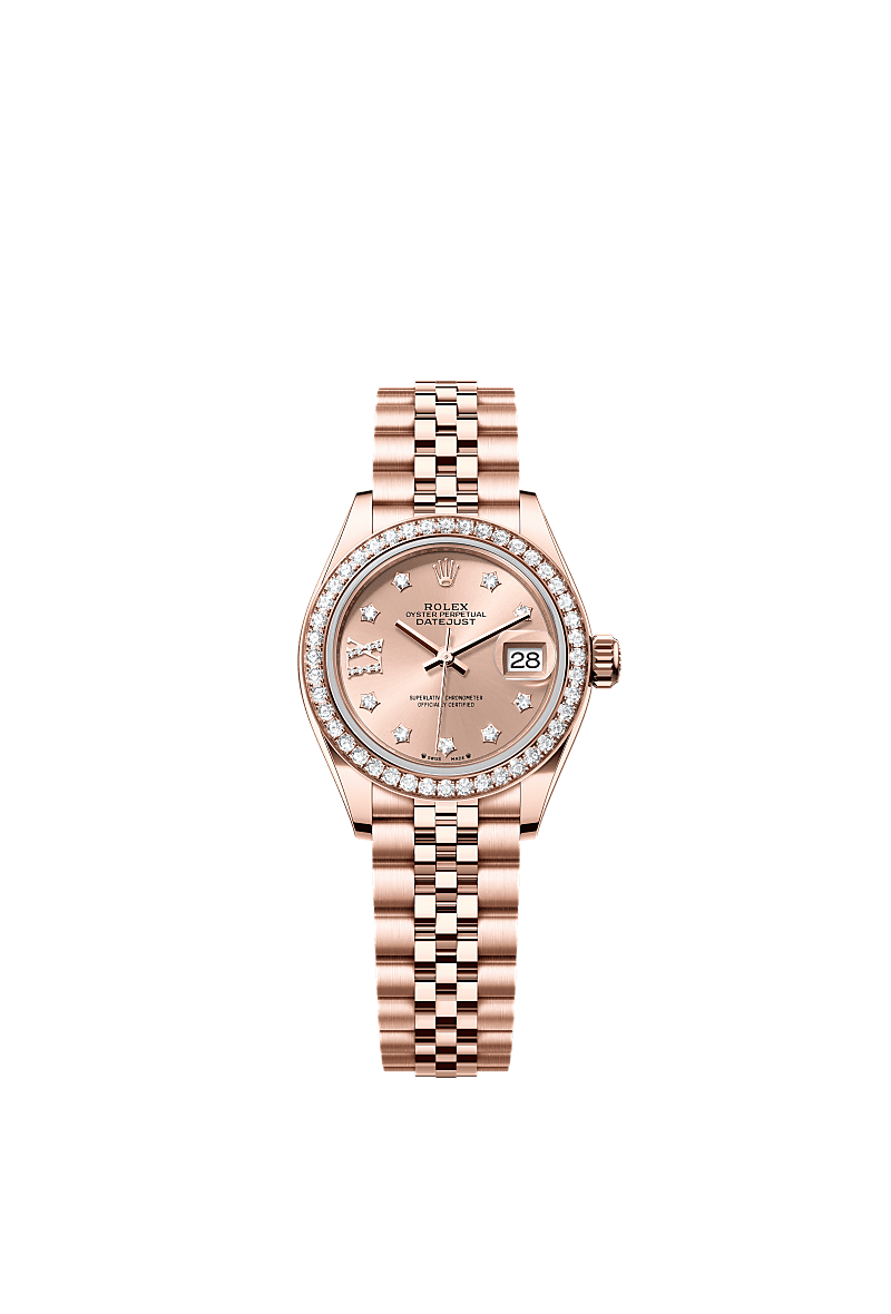 Lady-Datejust, Oyster, 28 mm, emas Everose dan berlian, Dial : Tampilan berwarna <i>rosé</i> dengan berlian, Rolex