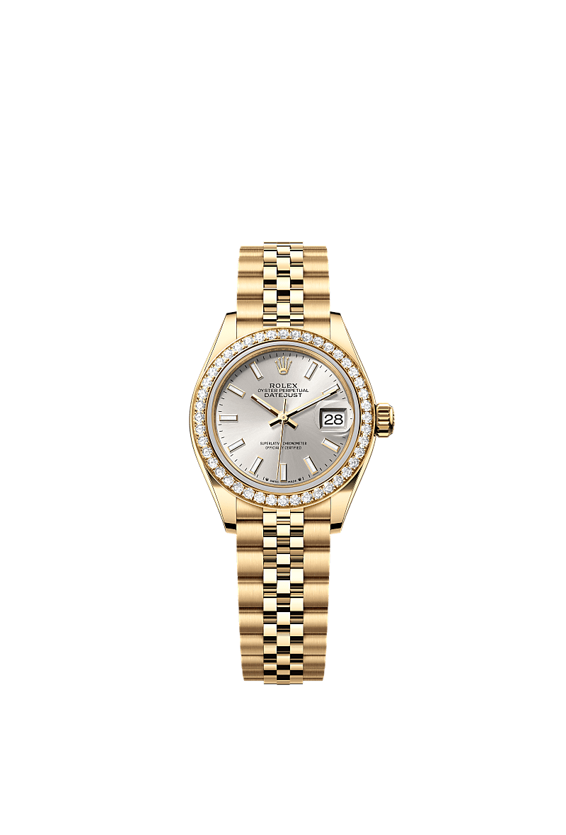 Lady-Datejust, Oyster, 28 mm, emas kuning dan berlian, Dial : Perak, Rolex