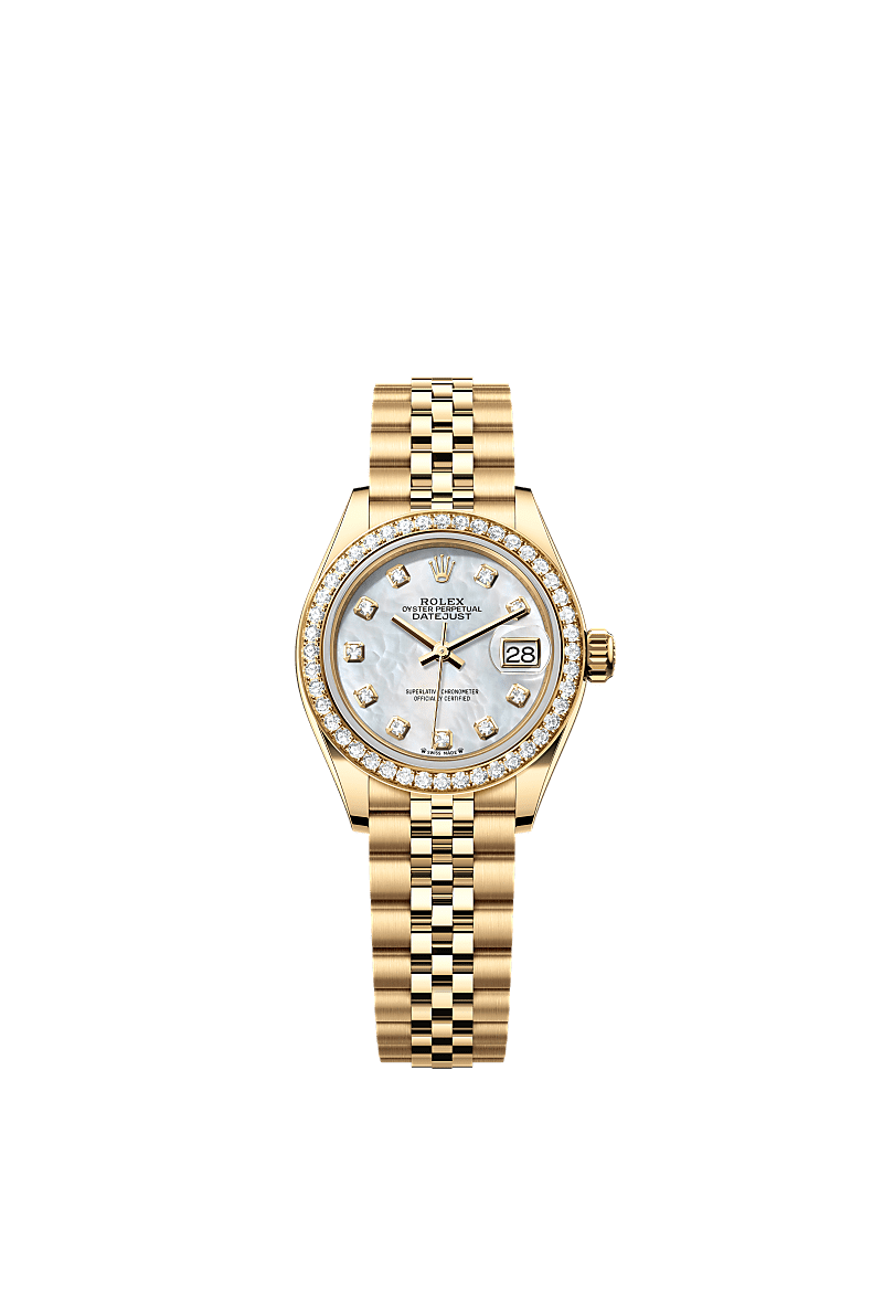 Lady-Datejust, Oyster, 28 мм, желтое золото и бриллианты, Циферблат : Белый перламутровый, бриллианты, Rolex