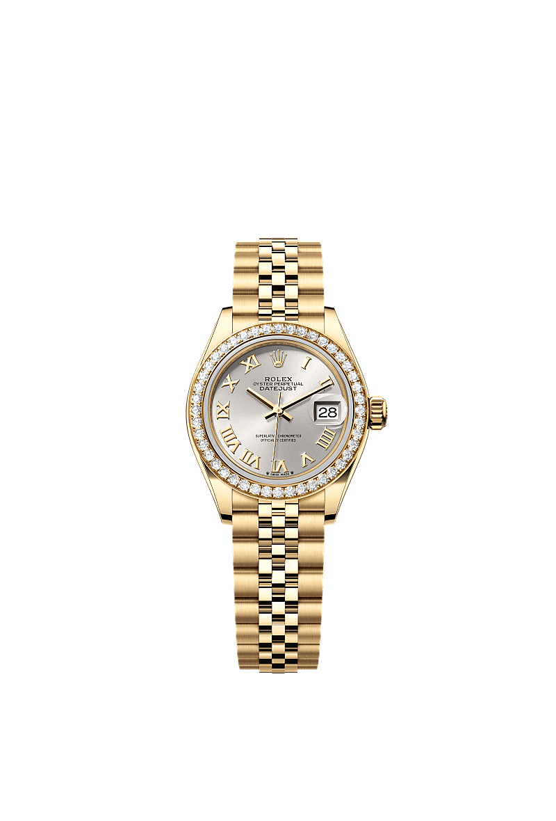 Lady-Datejust, Oyster, 28 mm, sarı altın ve pırlanta, Kadran : Gümüş, Rolex