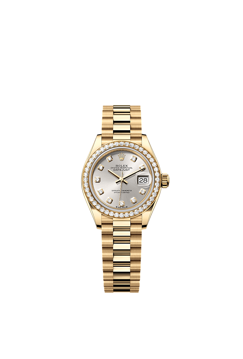Lady-Datejust, اویستر، ۲۸ میلیمتری، طلای زرد و الماس, صفحه‌ : نقرهای الماسنشان, Rolex