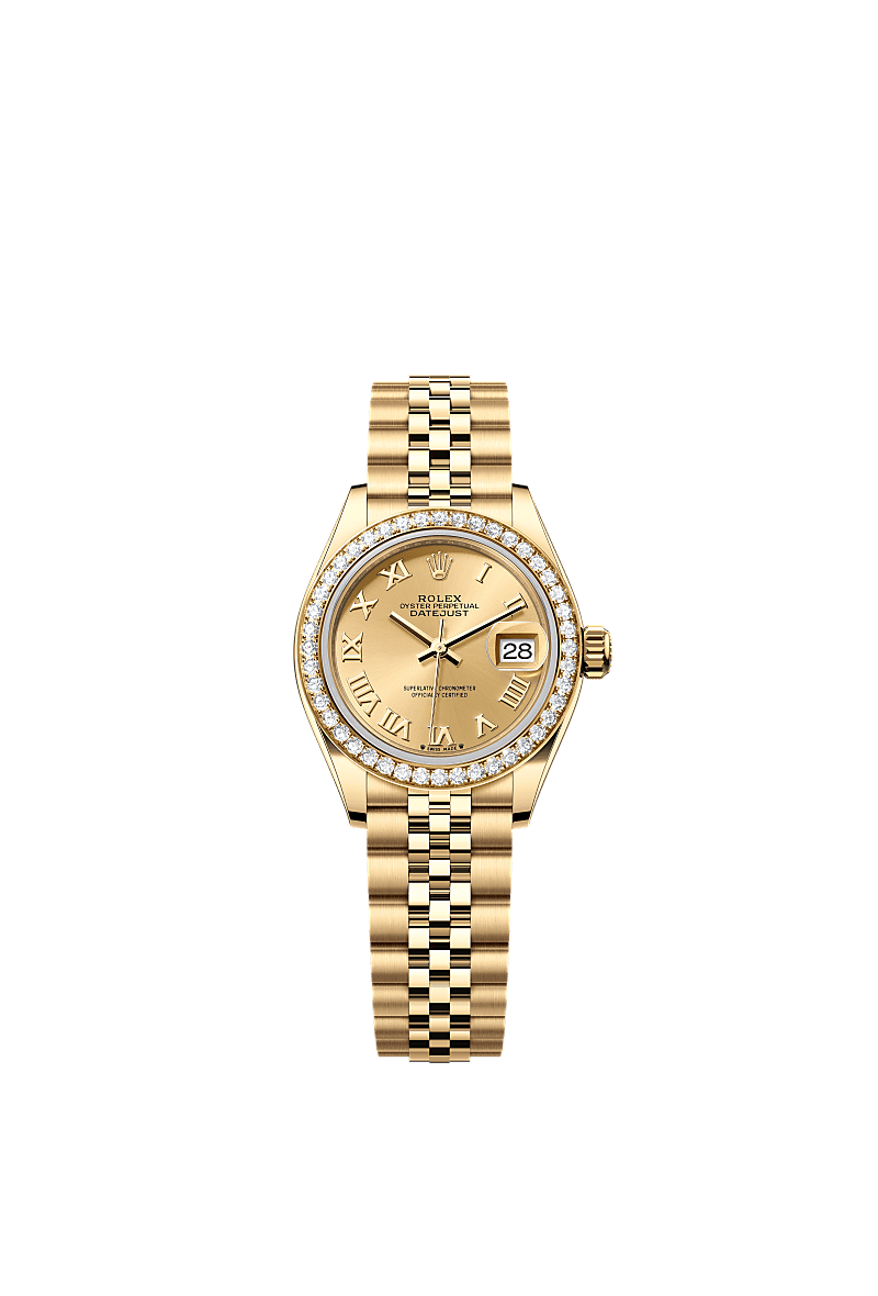 Lady-Datejust, Oyster, 28 мм, желтое золото и бриллианты, Циферблат : Цвета шампанского, Rolex