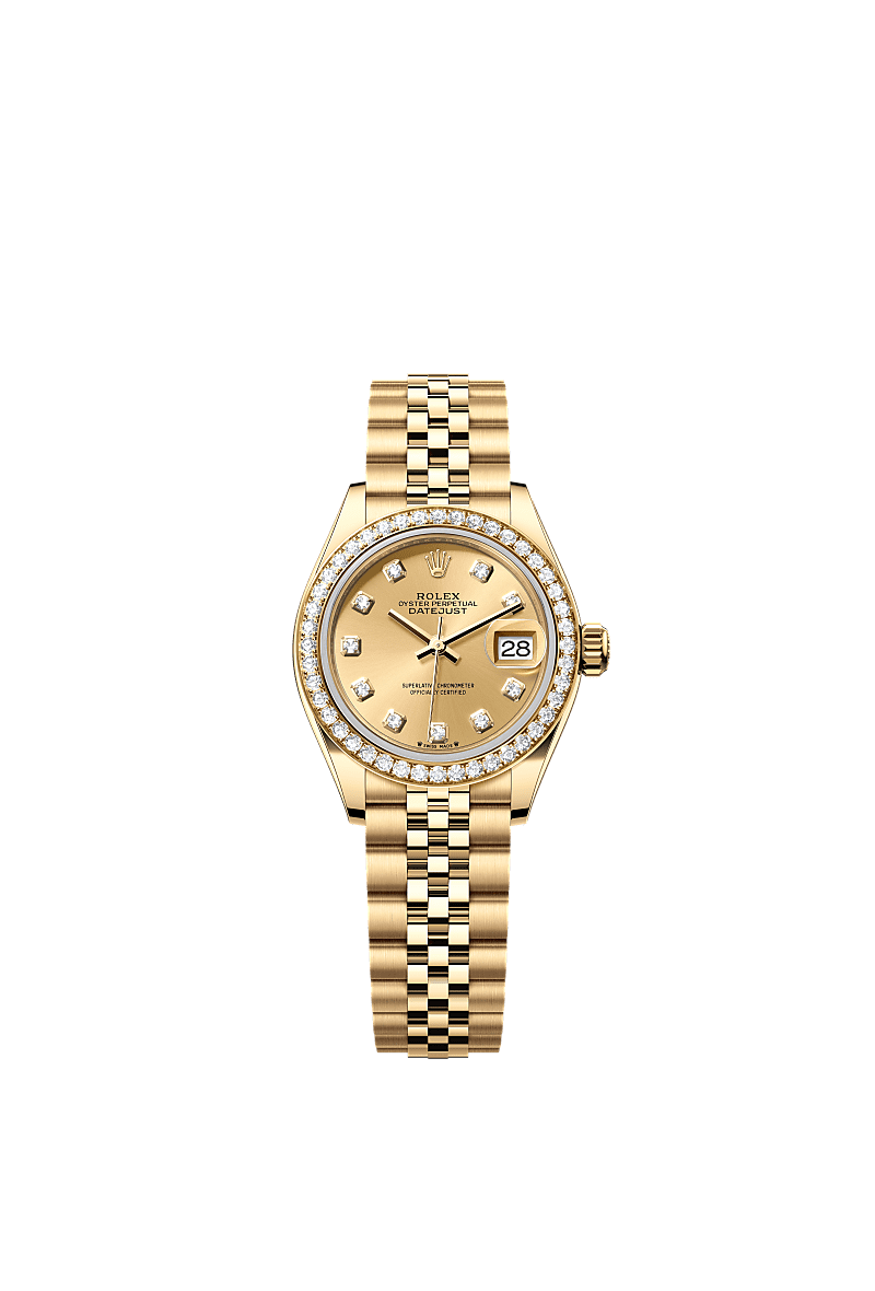 Lady-Datejust, 蠔式,28毫米,鑽石及黃金, 錶面 : 香檳色,鑲鑽石, Rolex