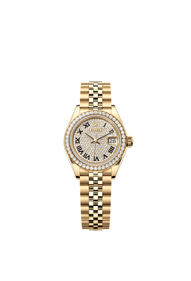 Lady-Datejust, Oyster, 28 mm, geelgoud en diamanten, Wijzerplaat : Belegd met diamanten, Rolex