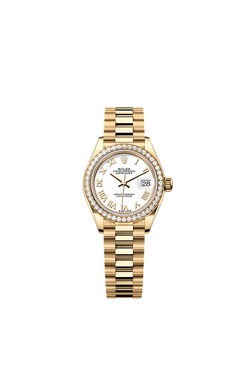 Lady-Datejust, Oyster, 28 mm, yellow gold and diamonds, Dial : White, Rolex