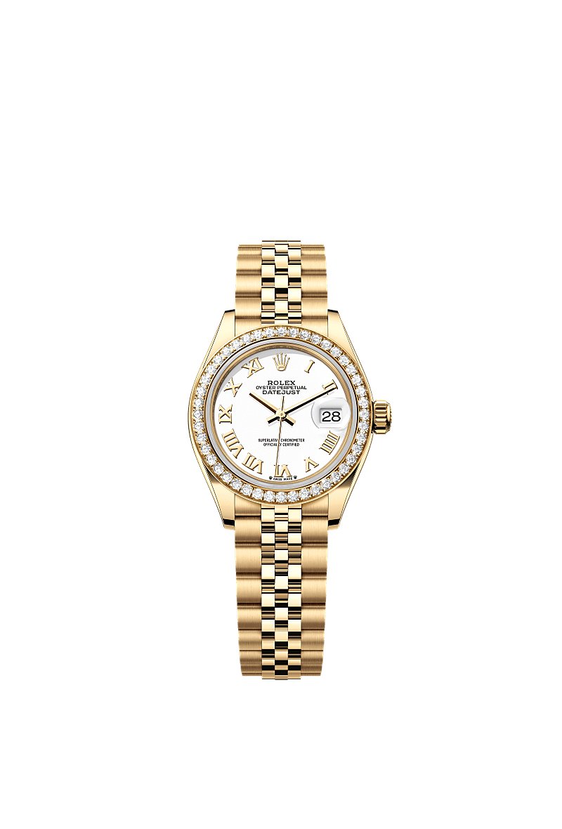 Lady-Datejust, Oyster, 28 mm, yellow gold and diamonds, Dial : White, Rolex