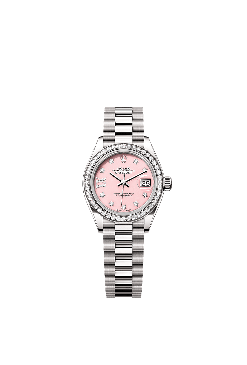 Lady-Datejust, Oyster, 28 mm, oro blanco y diamantes, Esfera : Ópalo rosa engastada de diamantes, Rolex