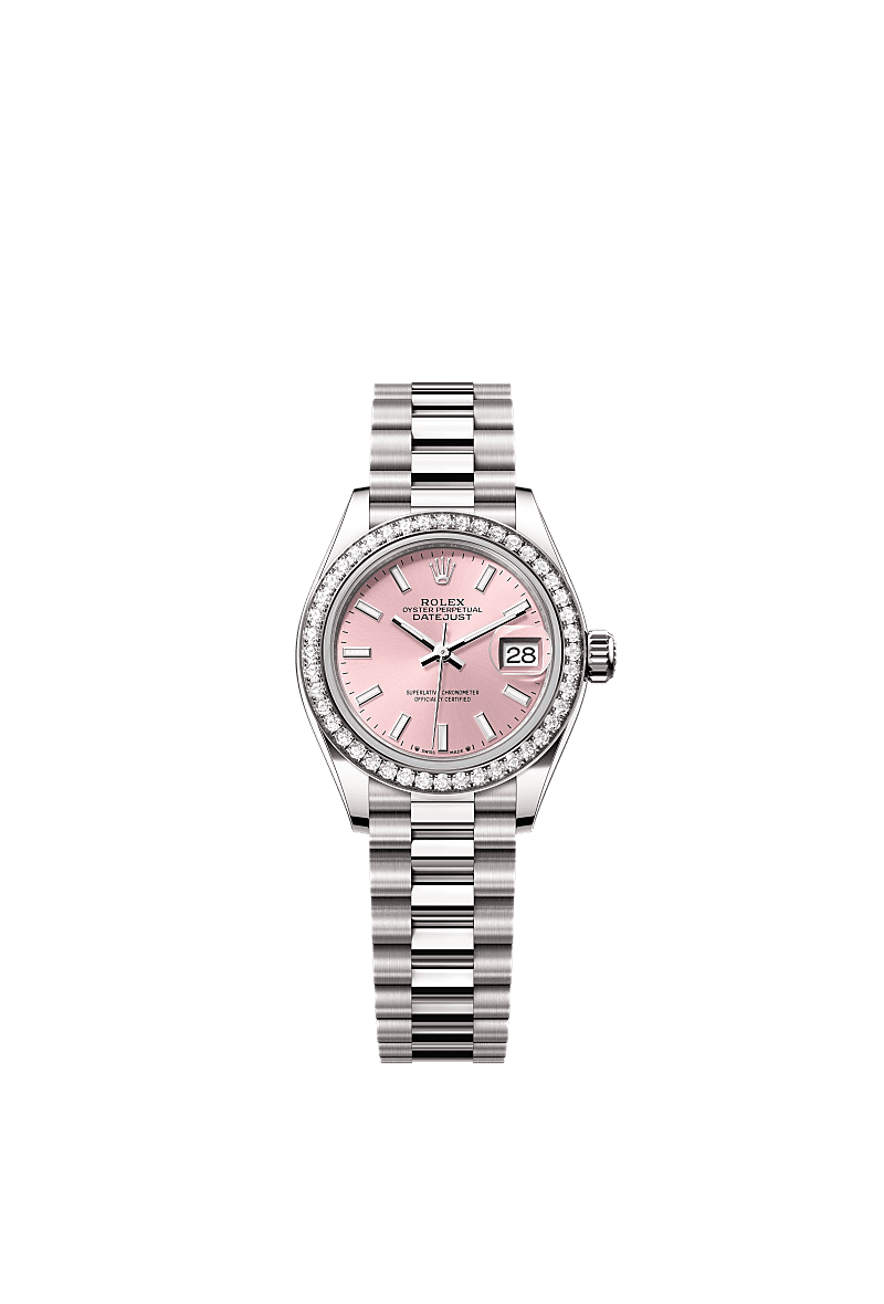 Lady-Datejust, 蠔式，28毫米，鑽石及白色黃金, 錶面 : 粉紅色, Rolex