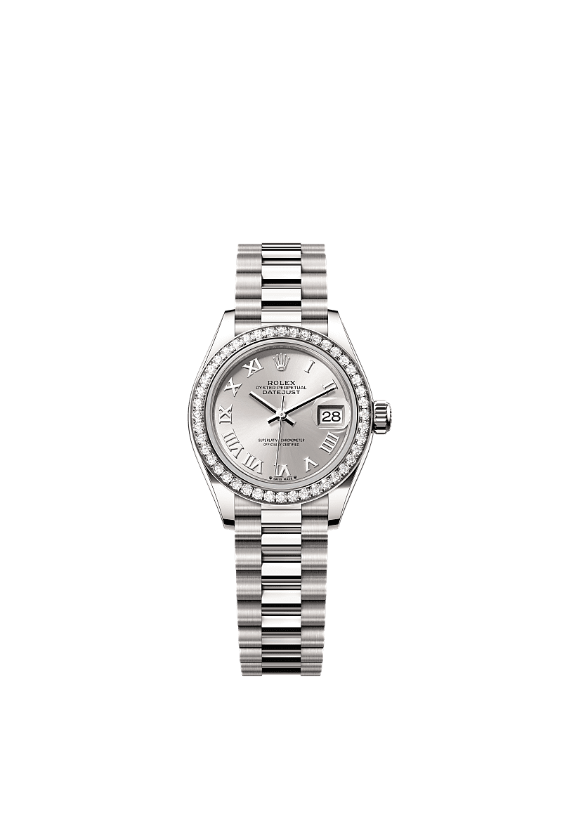 Lady-Datejust, Oyster, 28 mm, emas putih dan berlian, Permukaan : Perak, Rolex