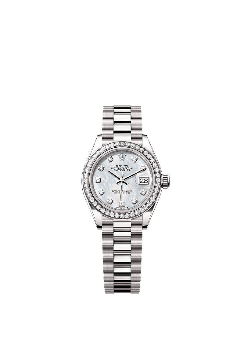 Lady-Datejust, Oyster, 28 mm, or gris et diamants, Cadran : Nacre blanche, serti de diamants, Rolex