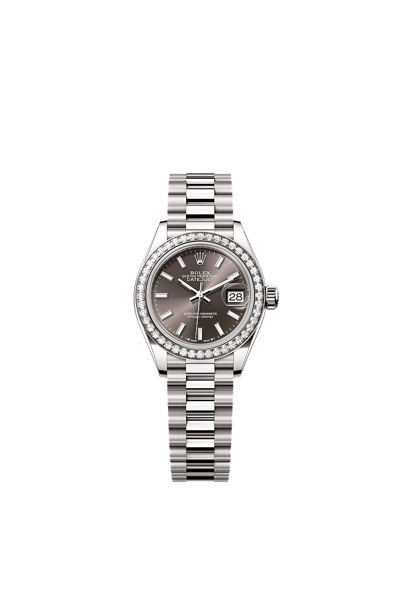 Lady-Datejust, Oyster, 28 มม., ทองคำขาวและเพชร, หน้าปัด : สีเทาเข้ม, Rolex