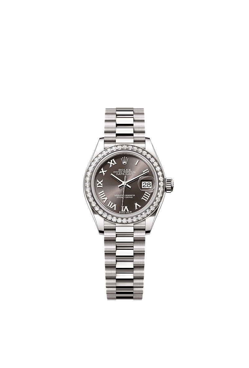 Lady-Datejust, Oyster, 28 mm, białe złoto i brylanty, Tarcza : Ciemnoszara, Rolex