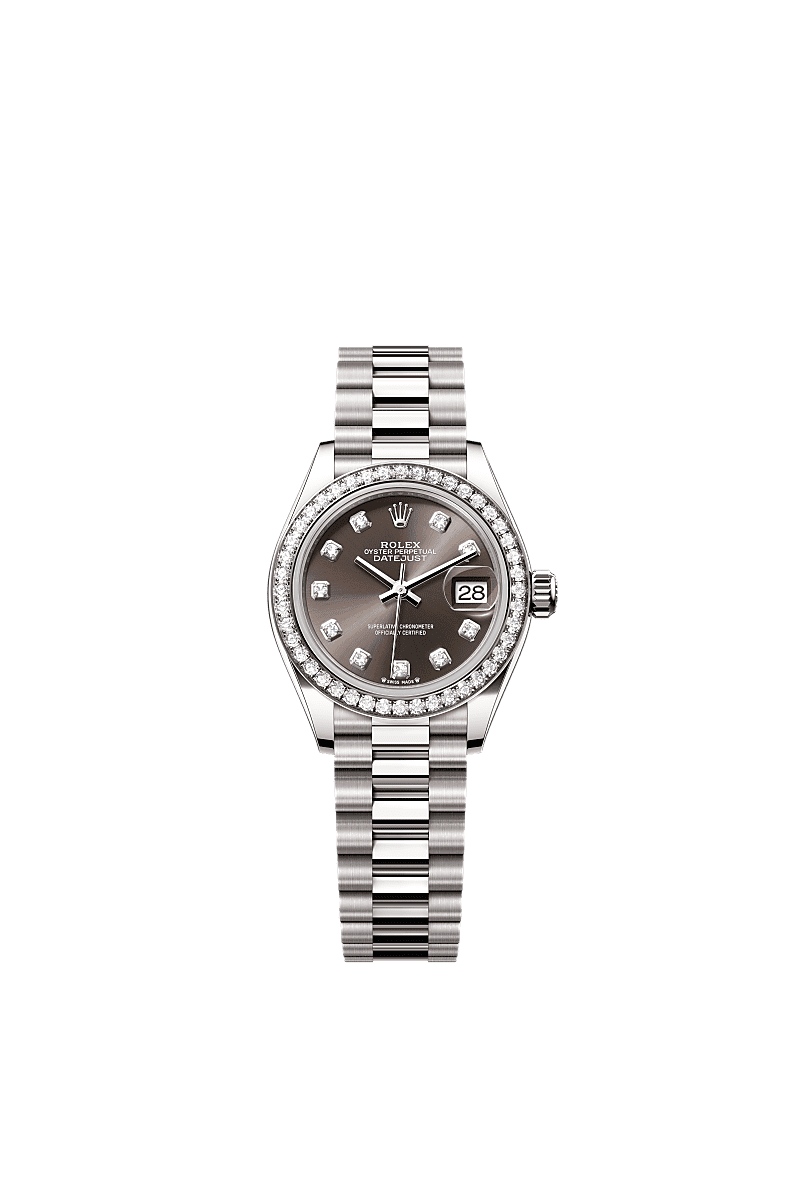Lady-Datejust, 蠔式，28毫米，鑽石及白色黃金, 錶面 : 深灰色，鑲鑽石, Rolex