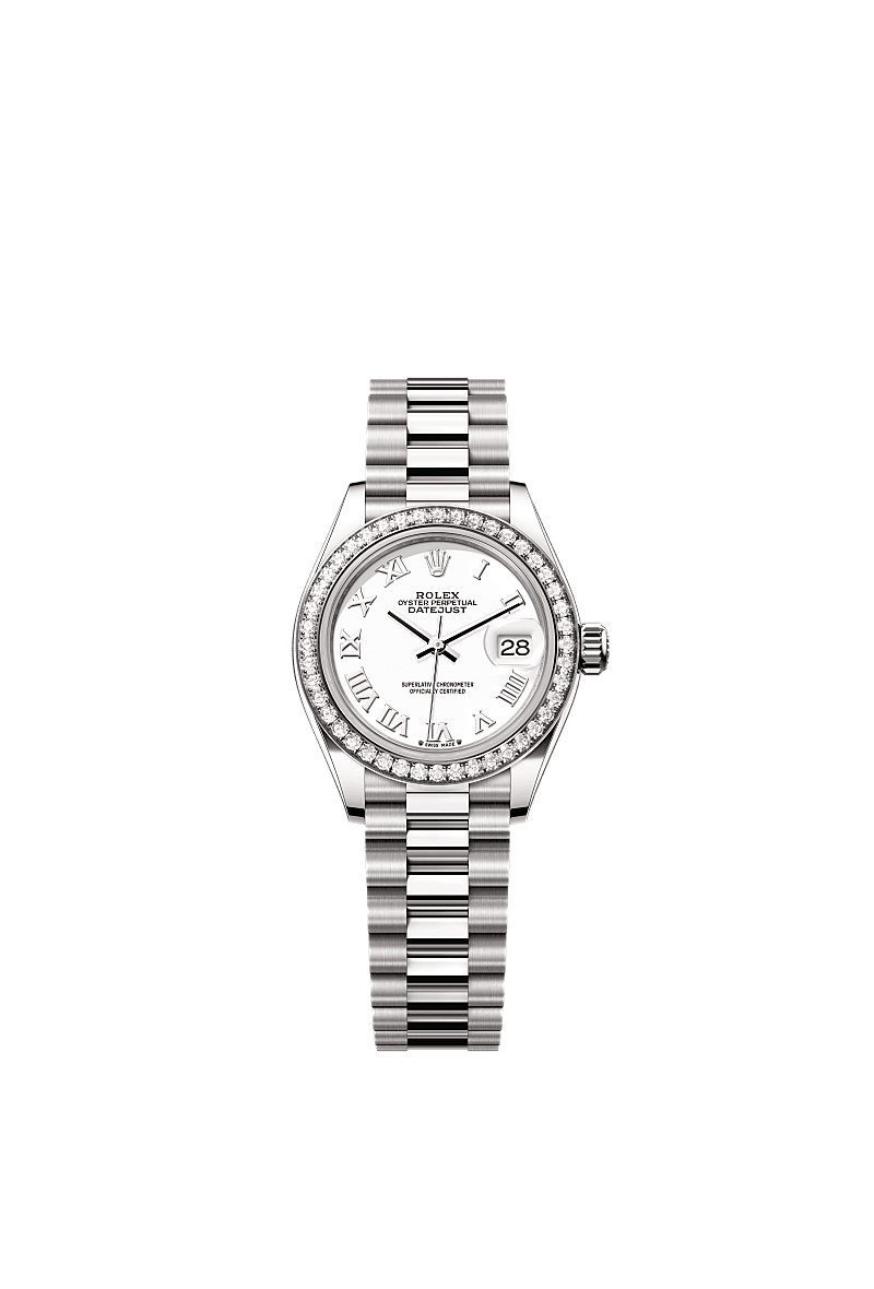 Lady-Datejust, اویستر، ۲۸ میلیمتری، طلای سفید و الماس, صفحه : سفید, Rolex
