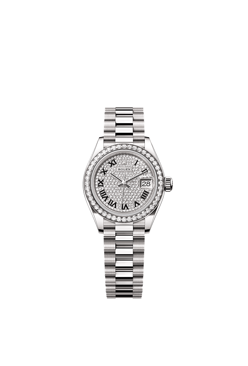 Lady-Datejust, Oyster, 28 มม., ทองคำขาวและเพชร, หน้าปัด : ประดับเพชร, Rolex