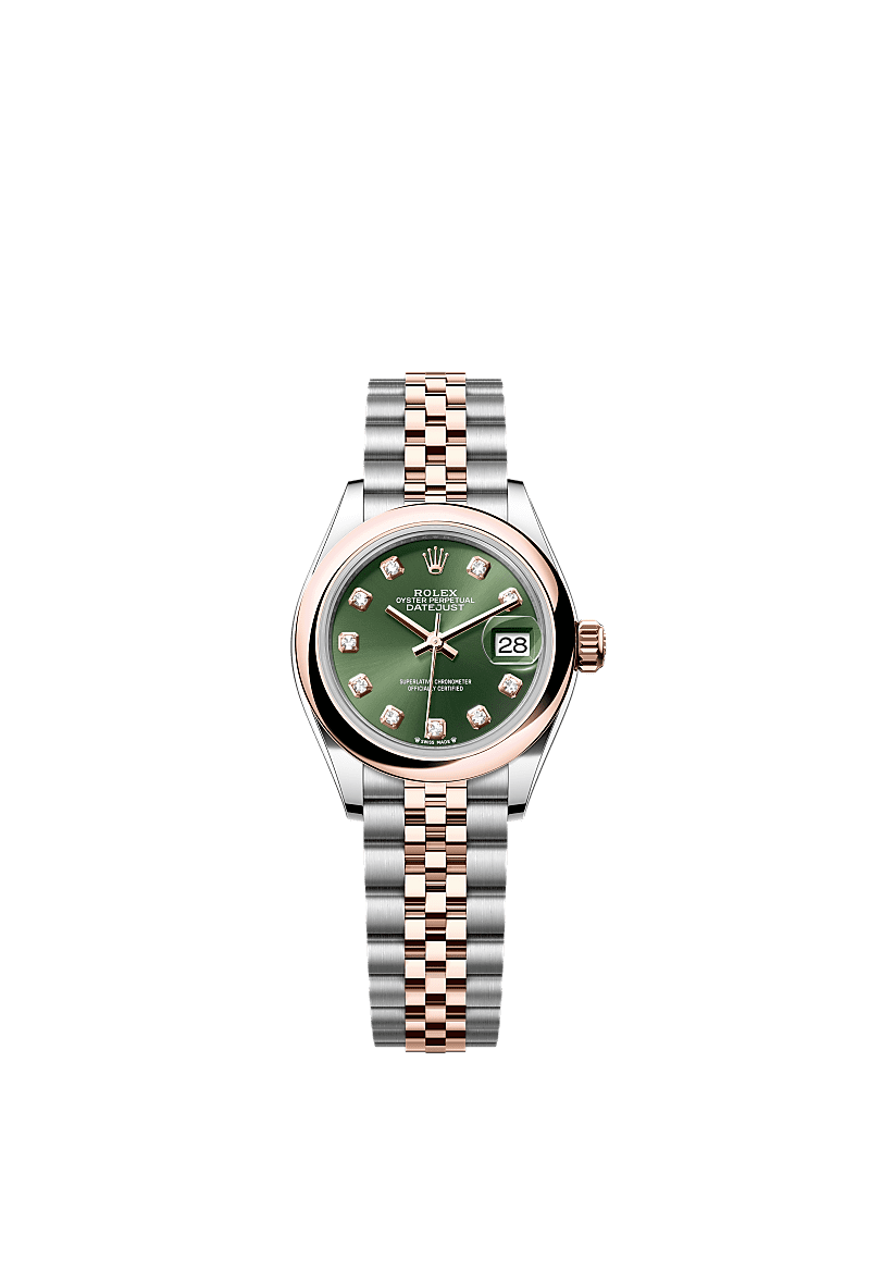 Lady-Datejust, Oyster, 28 mm, Oystersteel and Everose gold, Dial : Olive green set with diamonds, Rolex