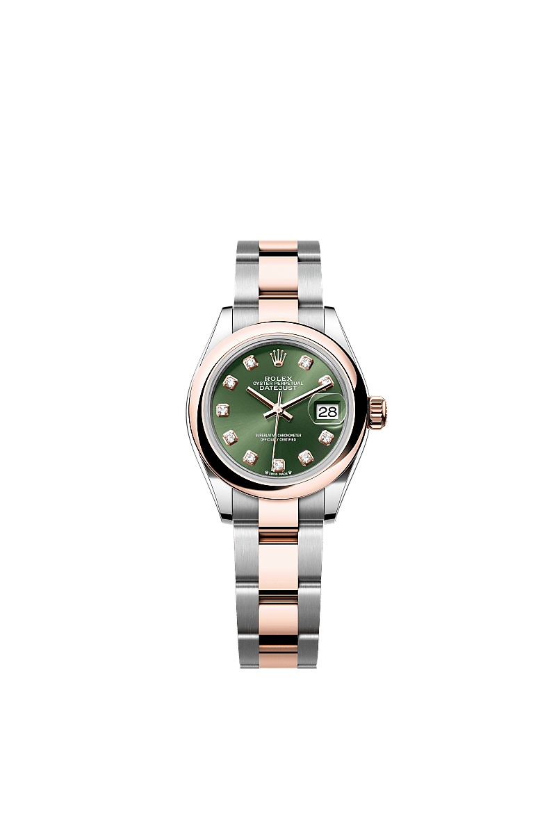 Lady-Datejust, Oyster, 28 mm, Oystersteel çelik ve Everose altın, Kadran : Pırlantalı, zeytin yeşili, Rolex