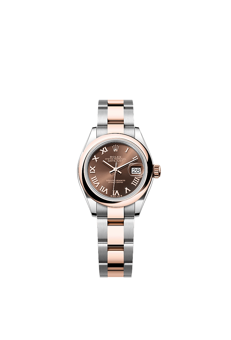 Lady-Datejust, Oyster, 28 mm, aço Oystersteel e ouro Everose, Mostrador : Chocolate, Rolex