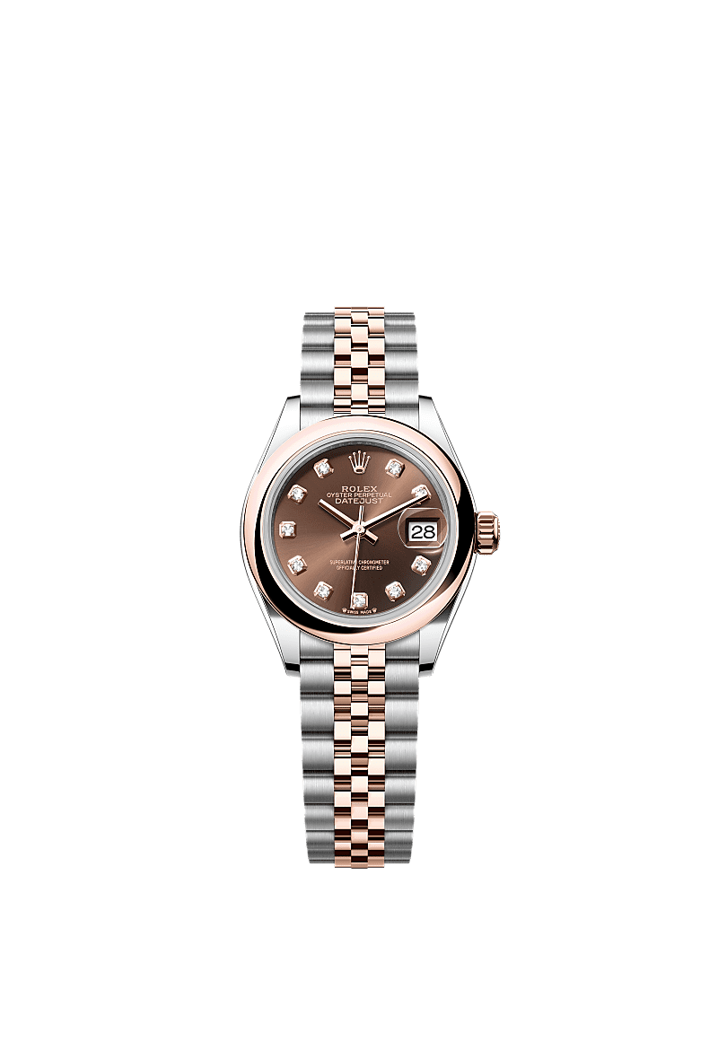 Lady-Datejust, Oyster, 28 mm, Oystersteel en Everose-goud, Wijzerplaat : Chocoladebruin bezet met diamanten, Rolex