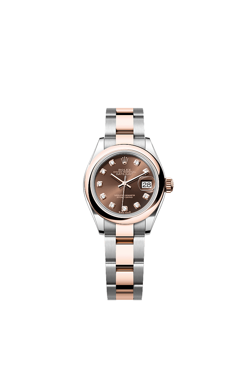 Lady-Datejust, 蠔式,28毫米,永恒玫瑰金及蠔式鋼, 錶面 : 巧克力色,鑲鑽石, Rolex