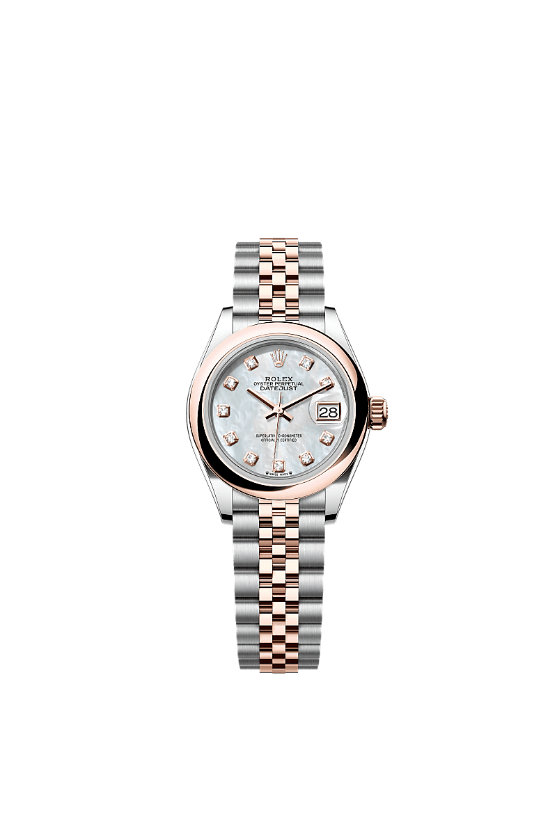 Lady-Datejust, Oyster, 28 mm, Oystersteel dan emas Everose, Dial : Tampilan lapisan kerang mutiara putih dengan berlian, Rolex