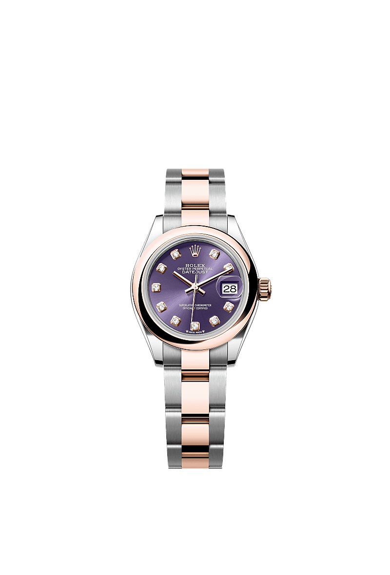 Lady-Datejust, 蠔式,28毫米,永恒玫瑰金及蠔式鋼, 錶面 : 茄紫色,鑲鑽石, Rolex