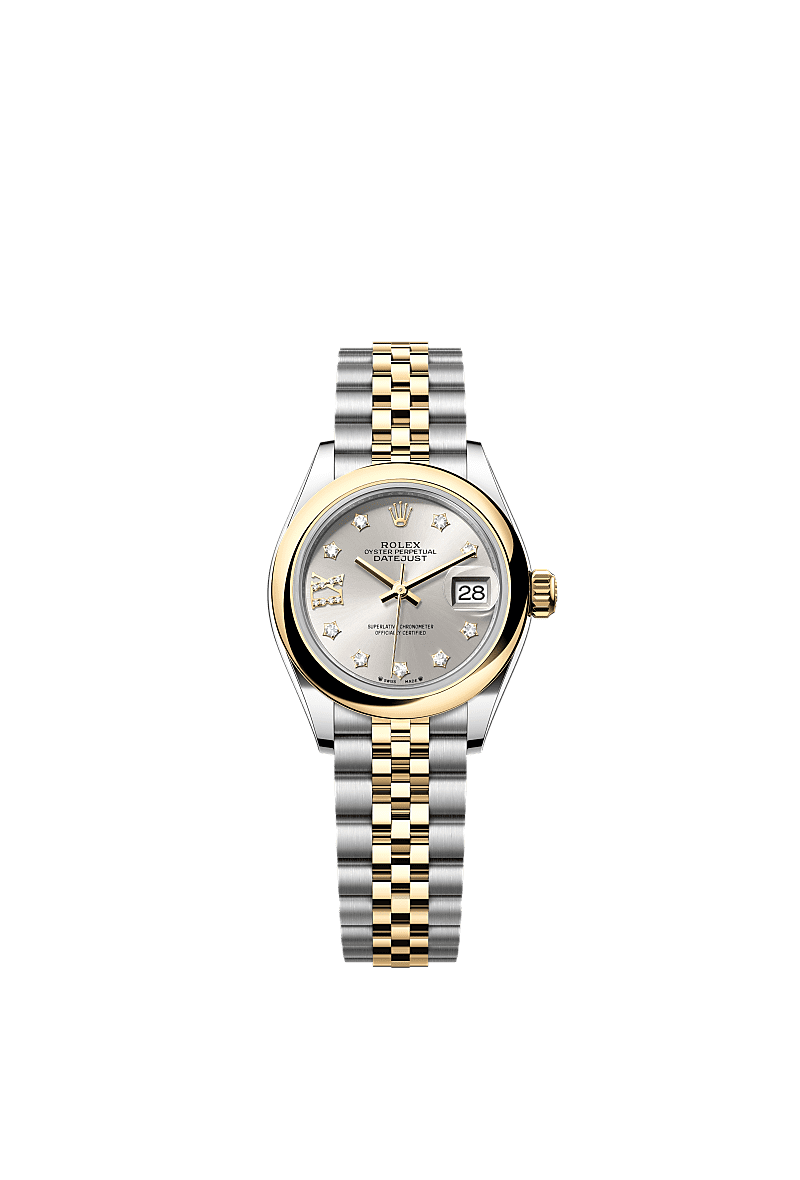 Lady-Datejust, Oyster, 28 mm, acciaio Oystersteel e oro giallo, Quadrante : Argentato con diamanti, Rolex