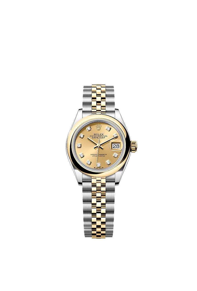 Lady-Datejust, اویستر، ۲۸ میلیمتری، اویستراستیل و طلای زرد, صفحه : بهرنگ شامپاین الماسنشان, Rolex