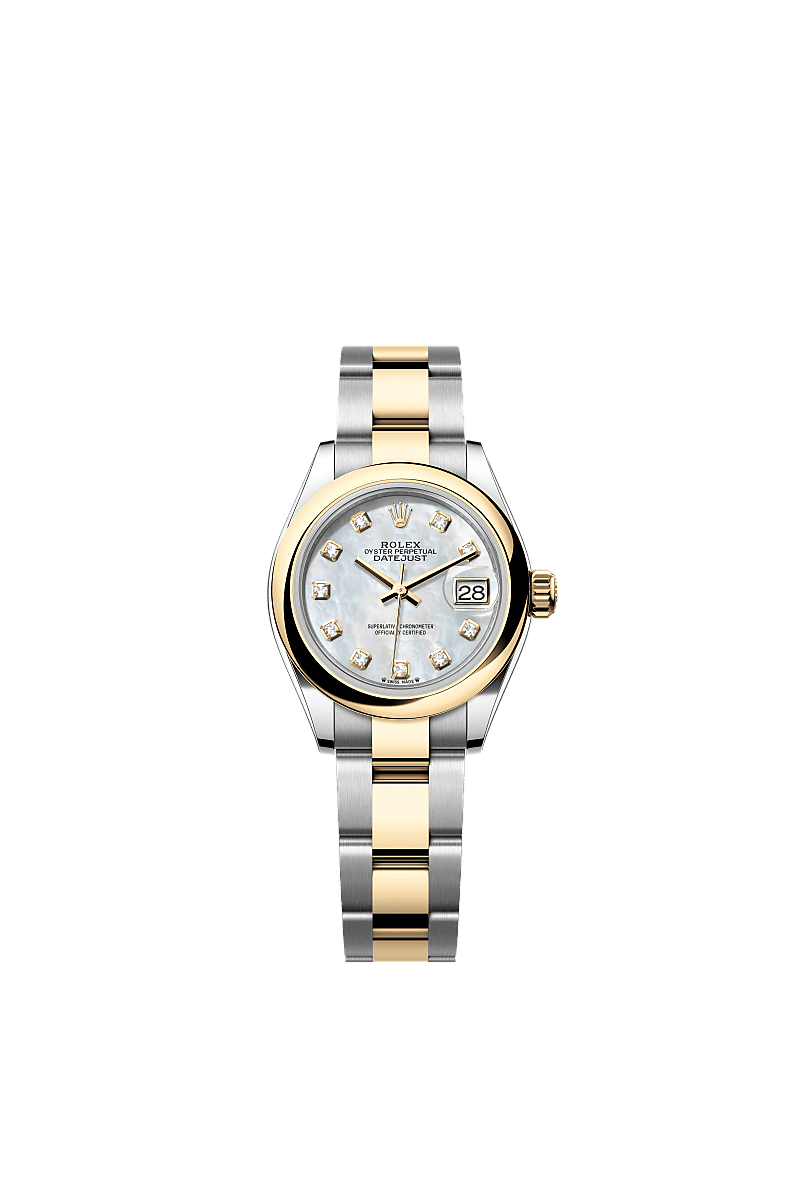 Lady-Datejust, Oyster, 28 mm, Oystersteel and yellow gold, Dial : White mother-of-pearl set with diamonds, Rolex