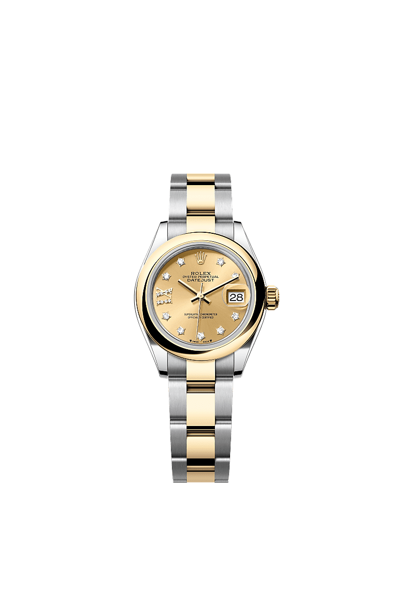 Lady-Datejust, Oyster, 28 mm, Oystersteel en geelgoud, Wijzerplaat : Champagnekleurig bezet met diamanten, Rolex