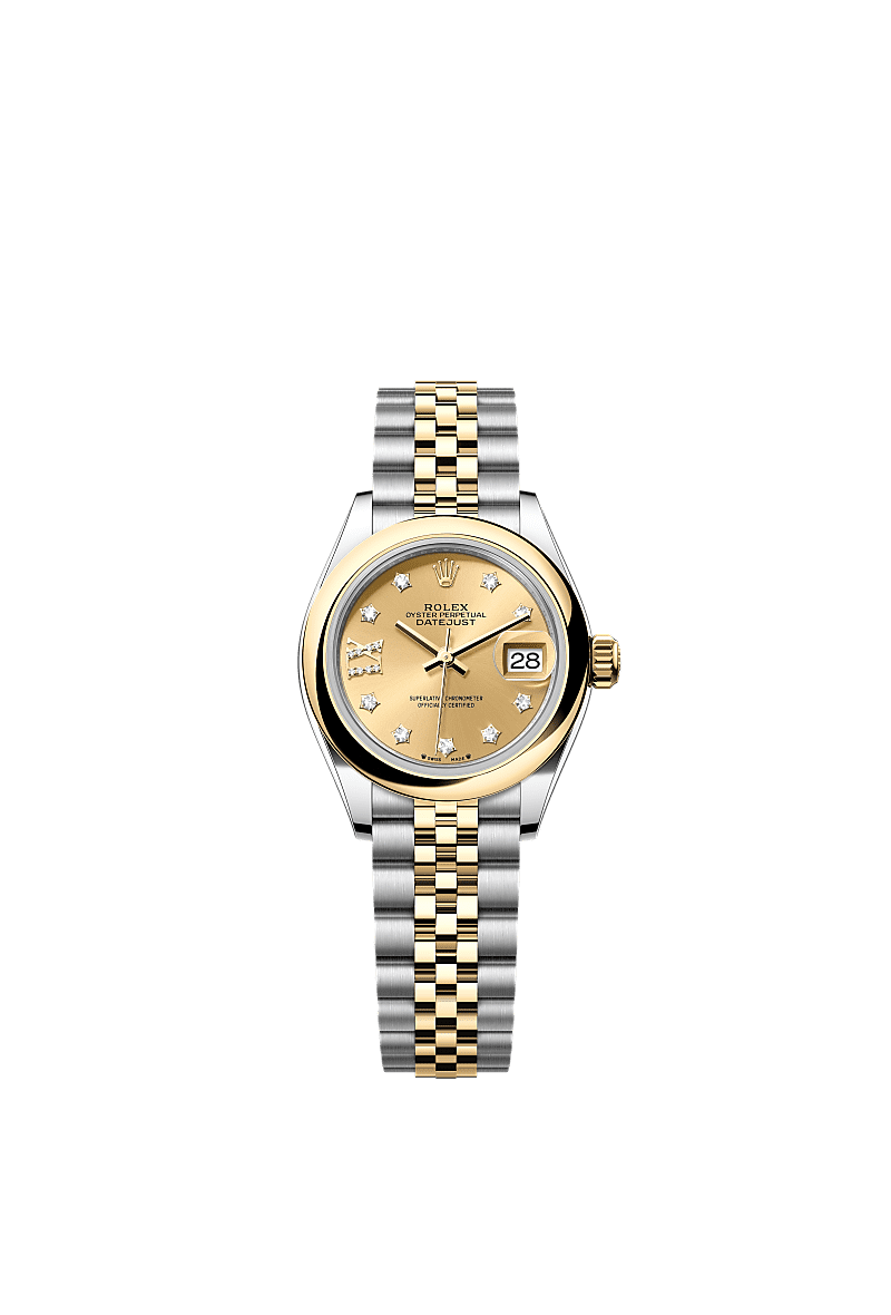 Lady-Datejust, Oyster, 28 mm, aço Oystersteel e ouro amarelo, Mostrador : Cor champagne cravejado de diamantes, Rolex