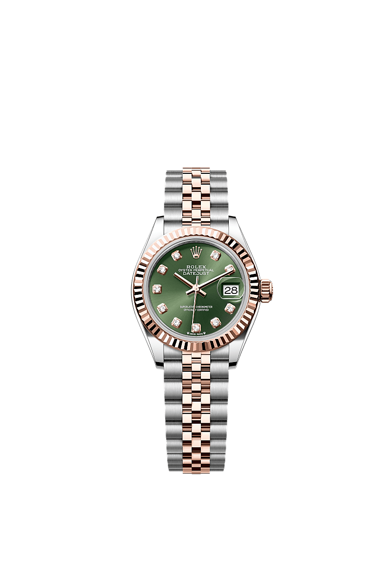 Lady-Datejust, Oyster, 28 mm, aço Oystersteel e ouro Everose, Mostrador : Verde-oliva cravejado de diamantes, Rolex