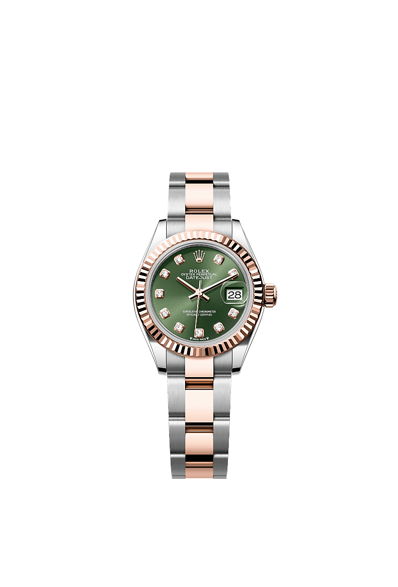 Lady-Datejust, Oyster, 28 mm, acciaio Oystersteel e oro Everose, Quadrante : Verde oliva con diamanti, Rolex